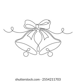 Continuous one line drawing of Christmas bells icon with bow. Illustration for postcard, greeting card decoration.