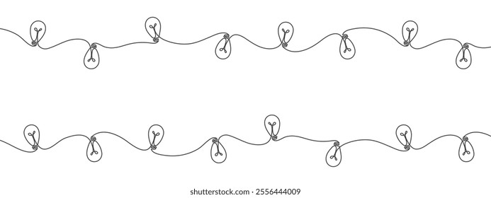 Continuous one line drawing of christmas garland with lights. Holiday garland in simple line style. Holiday illustration, greeting card