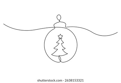 Continuous one line drawing of Christmas ball, single line art element, minimalist sketch line vector illustration, christmas winter new year concept.