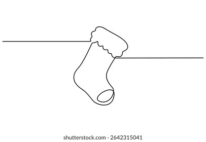 Continuous one line drawing of a Christmas stocking. Christmas sock on a white background. Vector illustration, socks continuous line art illustration.