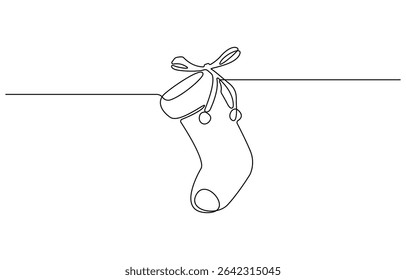 Continuous one line drawing of a Christmas stocking. Christmas sock on a white background. Vector illustration, socks continuous line art illustration.