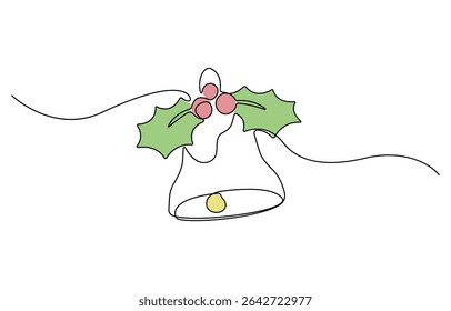 Continuous one line drawing Christmas bells, hand bell, jingle bells with holly berry illustration, Christmas holiday. Line art, outline, silhouette, vector illustration.