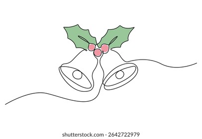 Continuous one line drawing Christmas bells, hand bell, jingle bells with holly berry illustration, Christmas holiday. Line art, outline, silhouette, vector illustration.
