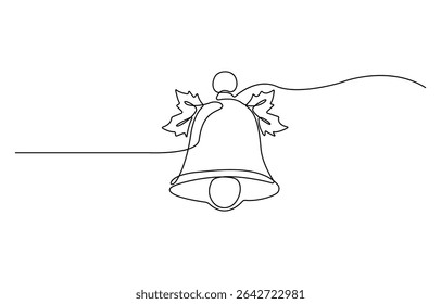 Continuous one line drawing Christmas bells, hand bell, jingle bells with holly berry illustration, Christmas holiday. Line art, outline, silhouette, vector illustration.