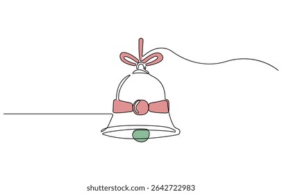 Continuous one line drawing Christmas bells, hand bell, jingle bells with holly berry illustration, Christmas holiday. Line art, outline, silhouette, vector illustration.