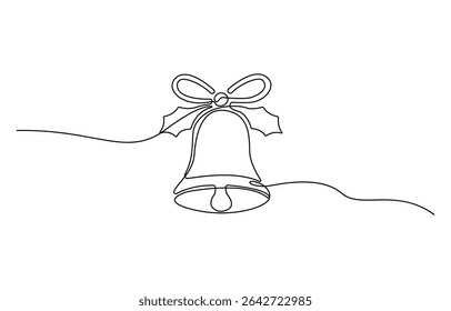 Continuous one line drawing Christmas bells, hand bell, jingle bells with holly berry illustration, Christmas holiday. Line art, outline, silhouette, vector illustration.