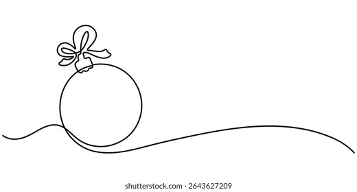 Continuous one line drawing of Christmas ball, single line art element, Holiday greeting card Christmas ball, minimalist sketch line vector illustration, Christmas winter new year concept.