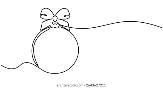 Continuous one line drawing of Christmas ball, single line art element, Holiday greeting card Christmas ball, minimalist sketch line vector illustration, Christmas winter new year concept.
