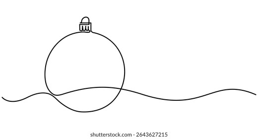 Continuous one line drawing of Christmas ball, single line art element, Holiday greeting card Christmas ball, minimalist sketch line vector illustration, Christmas winter new year concept.
