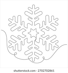 Continuous one line drawing of christmas snowflake winter snow and cold symbol in simple linear outline style illustration