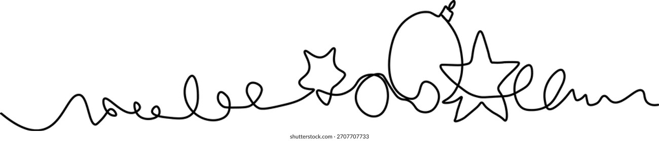 Desenho contínuo de uma linha: Estrelas de Natal e Borda Bauble. Arte Vetorial Minimalista de Garland de Férias.