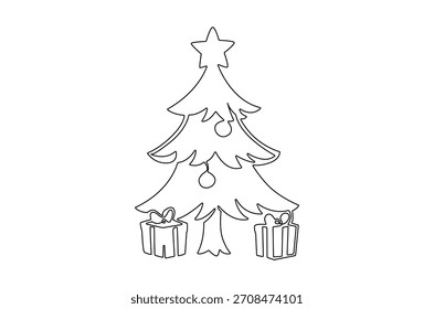 Continuous one line drawing of Christmas tree with gifts. Single line drawing illustration of Decorated Christmas tree and gifts. Merry Christmas 2025 concept vector art. Doodle line illustration.