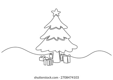 Dibujo continuo de una línea de árbol de Navidad con regalos. Ilustración de dibujo de una sola línea de árbol de Navidad decorado y regalos. Arte vectorial de concepto de Navidades felices 2025. Ilustración de línea de Doodle.