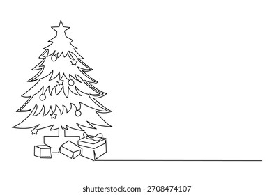 Kontinuierliche einzeilige Zeichnung des Weihnachtsbaums mit Geschenken. Einzeilige Zeichnung Illustration von dekorierten Weihnachtsbaum und Geschenke. Frohe Weihnachten 2025 Konzept Vektorkunst. Doodle Linie Illustration.