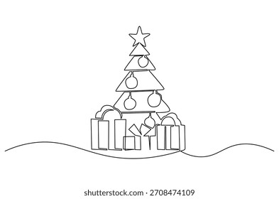 Dibujo continuo de una línea de árbol de Navidad con regalos. Ilustración de dibujo de una sola línea de árbol de Navidad decorado y regalos. Arte vectorial de concepto de Navidades felices 2025. Ilustración de línea de Doodle.