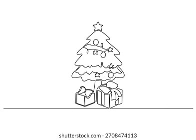 Continuous one line drawing of Christmas tree with gifts. Single line drawing illustration of Decorated Christmas tree and gifts. Merry Christmas 2025 concept vector art. Doodle line illustration.