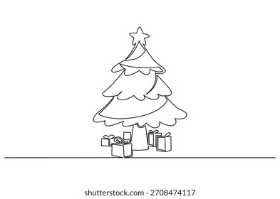 Dibujo continuo de una línea de árbol de Navidad con regalos. Ilustración de dibujo de una sola línea de árbol de Navidad decorado y regalos. Arte vectorial de concepto de Navidades felices 2025. Ilustración de línea de Doodle.