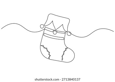 Dibujo continuo de una línea de medias de Navidades. Ilustración de dibujo de una sola línea de colgante de calcetín rojo de Santa Claus. Arte vectorial de concepto de vacaciones de año Nuevo y Navidades. Ilustración de línea de Doodle.