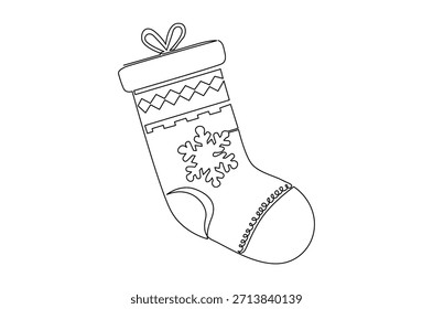 Dibujo continuo de una línea de medias de Navidades. Ilustración de dibujo de una sola línea de colgante de calcetín rojo de Santa Claus. Arte vectorial de concepto de vacaciones de año Nuevo y Navidades. Ilustración de línea de Doodle.