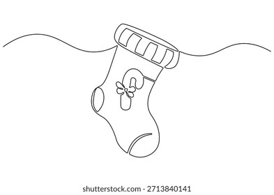 Dibujo continuo de una línea de medias de Navidades. Ilustración de dibujo de una sola línea de colgante de calcetín rojo de Santa Claus. Arte vectorial de concepto de vacaciones de año Nuevo y Navidades. Ilustración de línea de Doodle.