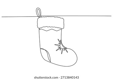 Dibujo continuo de una línea de medias de Navidades. Ilustración de dibujo de una sola línea de colgante de calcetín rojo de Santa Claus. Arte vectorial de concepto de vacaciones de año Nuevo y Navidades. Ilustración de línea de Doodle.