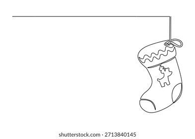 Continuous one line drawing of Christmas stocking. Single line drawing illustration of Red Santa Claus sock hanging. New Year and Christmas holidays concept vector art. Doodle line illustration.