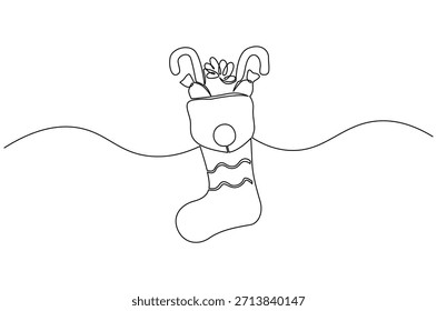 Desenho contínuo de uma linha de estoque de Natal. Ilustração de desenho de linha única de meia Red Santa Claus pendurado. Ano Novo e Natal conceito de arte vetorial. ilustração linha Doodle.