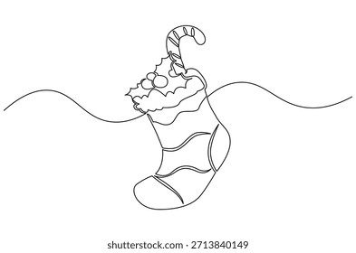 Dibujo continuo de una línea de medias de Navidades. Ilustración de dibujo de una sola línea de colgante de calcetín rojo de Santa Claus. Arte vectorial de concepto de vacaciones de año Nuevo y Navidades. Ilustración de línea de Doodle.