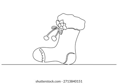 Dibujo continuo de una línea de medias de Navidades. Ilustración de dibujo de una sola línea de colgante de calcetín rojo de Santa Claus. Arte vectorial de concepto de vacaciones de año Nuevo y Navidades. Ilustración de línea de Doodle.