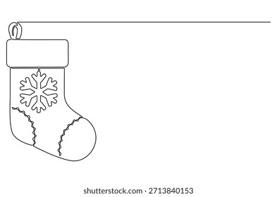 Dibujo continuo de una línea de medias de Navidades. Ilustración de dibujo de una sola línea de colgante de calcetín rojo de Santa Claus. Arte vectorial de concepto de vacaciones de año Nuevo y Navidades. Ilustración de línea de Doodle.