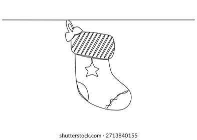 Dibujo continuo de una línea de medias de Navidades. Ilustración de dibujo de una sola línea de colgante de calcetín rojo de Santa Claus. Arte vectorial de concepto de vacaciones de año Nuevo y Navidades. Ilustración de línea de Doodle.