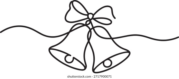 Continuous one line drawing of Christmas bells icon with bow. Illustration for postcard, greeting card decoration. one line Icon drawing
