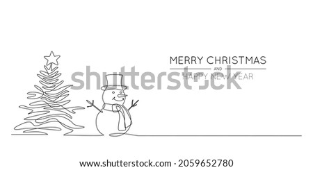 Continuous one line drawing of christmas tree and Snowman in hat with scarf. Festive Winter banner in doodle style. Liner Vector illustration