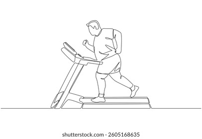 Continuous one line drawing of chubby man running on treadmill to lose weight, exercise for good health concept, single line art