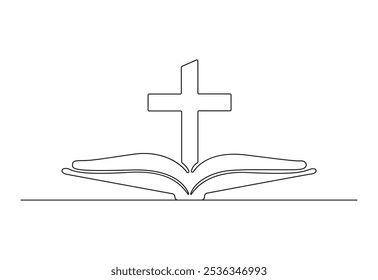 Continuous one line drawing Church logo Bible with Christian cross religion concept vector illustration