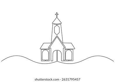 Continuous one line drawing of Church building. Single line drawing illustration of Church Catholic worship. Happy Ascension Day concept vector art. Doodle line illustration.