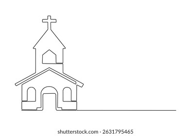 Continuous one line drawing of Church building. Single line drawing illustration of Church Catholic worship. Happy Ascension Day concept vector art. Doodle line illustration.