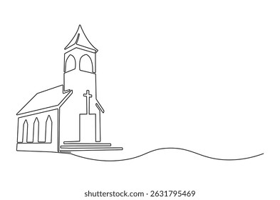 Continuous one line drawing of Church building. Single line drawing illustration of Church Catholic worship. Happy Ascension Day concept vector art. Doodle line illustration.