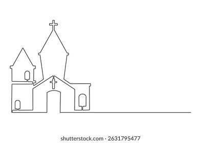 Kontinuierliche einzeilige Zeichnung des Kirchengebäudes. Einzeilige Zeichnung Illustration der katholischen Kirchenverehrung. Happy Ascension Day Konzept Vektorkunst. Doodle Linie Illustration.