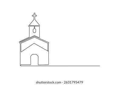 Continuous one line drawing of Church building. Single line drawing illustration of Church Catholic worship. Happy Ascension Day concept vector art. Doodle line illustration.