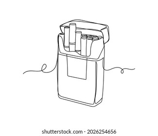 Continuous one line drawing of cigarette pack in silhouette on a white background. Linear stylized.Minimalist.