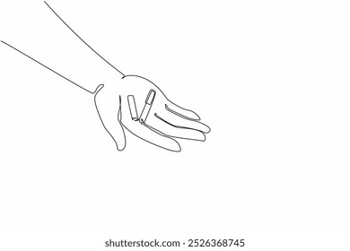 Continuous one line drawing a cigarette broken in the middle into 2 parts is placed on open palm. Showing unstoppable willpower. Smoking is very unhealthy. Single line draw design vector illustration