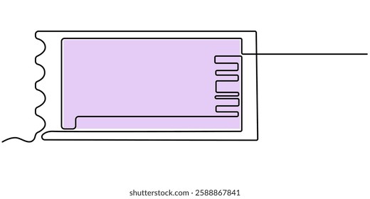 Continuous one line drawing cinema ticket. Vintage cinema ticket isolated on a white background. Vector illustration, Cinema tickets seamless texture for your background with trendy line art style.