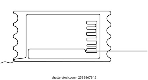 Continuous one line drawing cinema ticket. Vintage cinema ticket isolated on a white background. Vector illustration, Cinema tickets seamless texture for your background with trendy line art style.