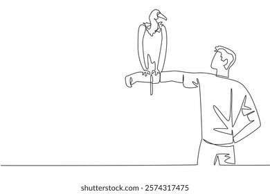 Continuous one line drawing cinereous vulture perched on hand of man. The heaviest and largest bird of prey on the European mainland. Man Holding Bird. Single line draw design vector illustration