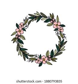 Continuous one line drawing  circular floral wreath. Vector illustration perfect for greeting cards, party invitations, posters, stickers, clothing. Floral sketch.