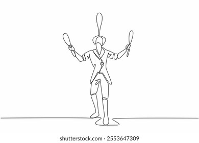 Continuous one line drawing the circus performer playing juggling clubs. Training balance to entertain. Pleasing many parties. Pleasant. World Circus Day. Single line draw design vector illustration