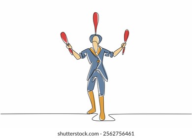 Continuous one line drawing the circus performer playing juggling clubs. Training balance to entertain. Pleasing many parties. Pleasant. World Circus Day. Single line draw design vector illustration