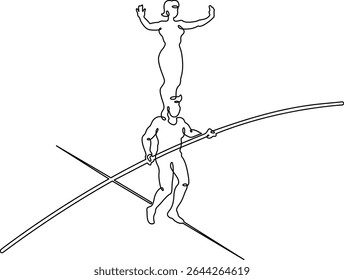 Continuous one line drawing circus artist. Circus. Tightrope walker and equilibrist. Circus performance. One continuous line isolated minimal illustration.Not AI.