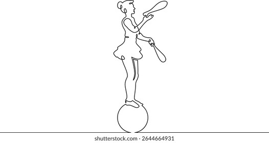 Continuous one line drawing circus artist. Circus. The juggler juggles. Circus performance. One continuous line isolated minimal illustration.Not AI.